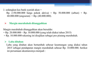 2. sedangkan kas bank syariah akan =
Rp. (150.000.000 harga pokok aktiva) + Rp. 50.000.000 (urbun) + Rp.
60.000.000 (angsuran) = Rp. (40.000.000).
 Margin murabahah ditangguhkan
Margin murabahah ditangguhkan akan bersaldo:
= Rp. 20.000.000 – Rp. 10.000.000 (yang telah diakui tahun 2015)
= Rp. 10.000.000 rekening ini disajikan sebagai pos piutang murabahah.
 Laba ditahan
Laba yang ditahan akan bertambah sebesar keuntungan yang diakui tahun
2015 sebagai pendapatan margin murabahah sebesar Rp. 10.000.000. berikut
ini persamaan akuntansinya menjadi :
 