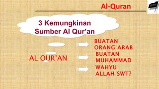 Al-Quran

  3 Kemungkinan
 Sumber Al Qur’an
                BUATAN
                ORANG ARAB
                BUATAN
AL QUR’AN       MUHAMMAD
                WAHYU
                ALLAH SWT?
 