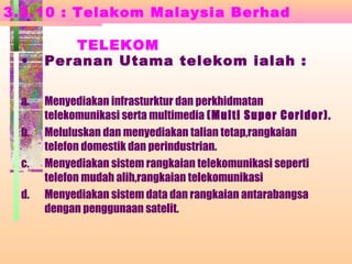 3.3.10 : Telakom Malaysia Berhad
TELEKOM
• Peranan Utama telekom ialah :
a. Menyediakan infrasturktur dan perkhidmatan
telekomunikasi serta multimedia (Multi Super Coridor).
b. Meluluskan dan menyediakan talian tetap,rangkaian
telefon domestik dan perindustrian.
c. Menyediakan sistem rangkaian telekomunikasi seperti
telefon mudah alih,rangkaian telekomunikasi
d. Menyediakan sistem data dan rangkaian antarabangsa
dengan penggunaan satelit.
 