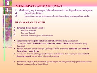 MENDAPATKAN MAKLUMAT
 Maklumat yang terkumpul dalam dokumen tender digunakan untuk tujuan :
 penawaran tender
 penentuan harga projek oleh kontrakktor bagi mendapatkan tender
PENAWARAN TENDER
 Tawaran dibuat dalam bentuk :
 Tawaran Terbuka
 Tawaran Terhad
 Tawaran Perundingan / Prakelayakan
 Bergantung kepada jenis kerja dan bentuk tawaran yang dikeluarkan
 Penawaran tender diiklankan dan dokumen tender dijual pada kontraktor yang
berminat.
 Setelah tawaran tender ditutup, Lembaga Tender membuat penilaian dan memilih
kontraktor yang layak
 Kontraktor terpilih dianugerah kontrak pembinaan dan perjanjian atau kontrak
ditandatangani antara klien dengan kontraktor .
 Kontraktor terpilih perlu membuat perancangan kos dan jadual kerja pembinaan dalam
bentuk carta contohnya Carta Gantt
a
t
 