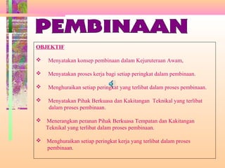 P
E
M
B
I
N
A
A
N
OBJEKTIF
 Menyatakan konsep pembinaan dalam Kejuruteraan Awam,
 Menyatakan proses kerja bagi setiap peringkat dalam pembinaan.
 Menghuraikan setiap peringkat yang terlibat dalam proses pembinaan.
 Menyatakan Pihak Berkuasa dan Kakitangan Teknikal yang terlibat
dalam proses pembinaan.
 Menerangkan peranan Pihak Berkuasa Tempatan dan Kakitangan
Teknikal yang terlibat dalam proses pembinaan.
 Menghuraikan setiap peringkat kerja yang terlibat dalam proses
pembinaan.
 