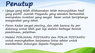 Penutup
• Upaya yang telah dilaksanakan telah menunjukkan hasil
yang positif. Jumlah Posyandu yang semakin bertambah
merupakan investasi yang sangat besar untuk terciptanya
masyarakat yang sehat.
• Peran Kader sangat penting, dan oleh karena itu per
didorong untuk lebih giat lagi melalui berbagai bentuk
pembinaan, pelatihan.
• Melalui POKJANAL POSYANDU dan POKJA POSYANDU
untuk meningkatkan kerjasama lintas sektor untuk
memberikan dukungan kepada Posyandu
 