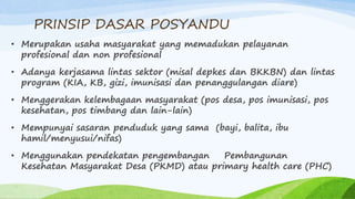 PRINSIP DASAR POSYANDU
• Merupakan usaha masyarakat yang memadukan pelayanan
profesional dan non profesional
• Adanya kerjasama lintas sektor (misal depkes dan BKKBN) dan lintas
program (KIA, KB, gizi, imunisasi dan penanggulangan diare)
• Menggerakan kelembagaan masyarakat (pos desa, pos imunisasi, pos
kesehatan, pos timbang dan lain-lain)
• Mempunyai sasaran penduduk yang sama (bayi, balita, ibu
hamil/menyusui/nifas)
• Menggunakan pendekatan pengembangan Pembangunan
Kesehatan Masyarakat Desa (PKMD) atau primary health care (PHC)
 