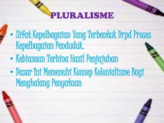 PLURALISME

• Sifat Kepelbagaian Yang Terbentuk Drpd Proses
  Kepelbagaian Penduduk.
• Kebiasaan Terbina Hasil Penjajahan
• Dasar Ini Memenuhi Konsep Kolonialisme Bagi
  Menghalang Penyatuan
 