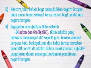 3) Mencari jalan keluar bagi mengukuhkan negara bangsa
   pada masa depan sebagai teras utama bagi pembinaan
   negara bangsa.
4) Kegagalan mewujudkan iklim sekolah.
     Halpin dan Croft(1963), iklim sekolah yang
   berkesan mempunyai ciri seperti guru berasa selamat
   berpuas hati, berkeyakinan dan tidak terasa tertekan
   mendidik murid di sekolah dalam melaksanakan objektif
   pengajaran dalam mencapai matlamat pembinaan
   negara bangsa.
 