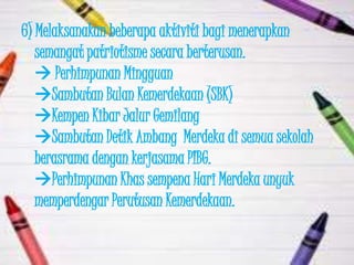 6) Melaksanakan beberapa aktiviti bagi menerapkan
   semangat patriotisme secara berterusan.
    Perhimpunan Mingguan
   Sambutan Bulan Kemerdekaan (SBK)
   Kempen Kibar Jalur Gemilang
   Sambutan Detik Ambang Merdeka di semua sekolah
   berasrama dengan kerjasama PIBG.
   Perhimpunan Khas sempena Hari Merdeka unyuk
   memperdengar Perutusan Kemerdekaan.
 