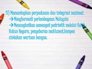 17) Memantapkan perpaduaan dan integrasi nasional.
   Menghormati perlembagaan Malaysia
   Menungkatkan semangat patriotik melalui Kelab
   Rukun Negara, penyebaran maklumat,kempen
   cintakan warisan bangsa.
 