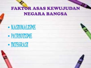FAKTOR ASAS KEWUJUDAN
     NEGARA BANGSA


• NASIONALISME
• PATRIOTISME
• INTEGRASI
 