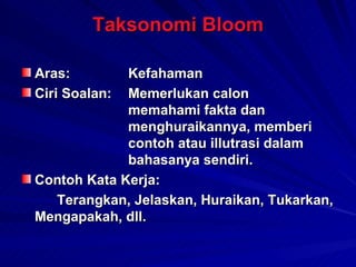 Taksonomi Bloom <ul><li>Aras: Kefahaman </li></ul><ul><li>Ciri Soalan: Memerlukan calon  memahami fakta dan  menghuraikann...