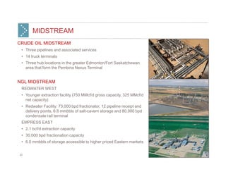 MIDSTREAM
CRUDE OIL MIDSTREAM
 • Three pipelines and associated services
 • 14 truck terminals
 • Three hub locations in the greater Edmonton/Fort Saskatchewan
   area that form the Pembina Nexus Terminal


NGL MIDSTREAM
 REDWATER WEST
 • Younger extraction facility (750 MMcf/d gross capacity, 325 MMcf/d
   net capacity)
 • Redwater Facility: 73,000 bpd fractionator, 12 pipeline receipt and
   delivery points, 6.8 mmbbls of salt-cavern storage and 80,000 bpd
   condensate rail terminal
 EMPRESS EAST
 • 2.1 bcf/d extraction capacity
 • 30,000 bpd fractionation capacity
 • 6.0 mmbbls of storage accessible to higher priced Eastern markets


22
 