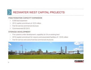 REDWATER WEST CAPITAL PROJECTS
FRACTIONATION CAPACITY EXPANSION
     •   8,000 bpd expansion
     •   2012 capital commitment of ~$15 million
     •   Fee-for-service commercial structure
     •   Commissioned Q3 2012

STORAGE DEVELOPMENT
     •   Five caverns under development; capability for 34 on existing land
     •   2012 capital commitment for caverns and associated facilities of ~ $125 million
     •   Fee-for-service and cost-of-service commercial structures




29
 
