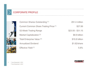 CORPORATE PROFILE



                         Common Shares Outstanding (1)              291.4 million

                         Current Common Share Trading Price (1)           $27.99

                         52-Week Trading Range                    $23.55 - $31.15

                         Market Capitalization (2)                    $8.9 billion

                         Total Enterprise Value (2)                  $10.8 billion

                         Annualized Dividend                         $1.62/share

                         Effective Yield (1)                                5.8%




3   (1) As   at November 2, 2012
    (2) As   at November 2, 2012
 