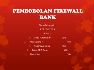 PEMBOBOLAN FIREWALL
BANK
Nama kelompok :
KELOMPOK 5
X IPA 7
1.
2.

(24)

Alas Sukma R
3.
4.

5.

Naila Amirotul U.

Cynthia Amellia
Jasim.M.Z.Awan

Risal Aliya

(03)
(09)
(16)
(30)

 