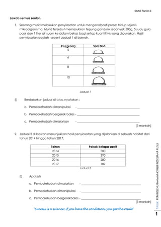 SAINS TAHUN 6
TAJUK:PEMBOLEHUBAHolehCIKGUROSELIANARUSLI
1
Jawab semua soalan.
1. Seorang murid melakukan penyiasatan untuk mengenalpasti proses hidup sejenis
mikroorganisma. Murid tersebut memasukkan tepung gandum sebanyak 500g, 5 sudu gula
pasir dan 1 liter air suam ke dalam bekas bagi setiap kuantiti yis yang digunakan. Hasil
penyiasatan adalah seperti Jadual 1 di bawah.
Jadual 1
(i) Berdasarkan jadual di atas, nyatakan :
a. Pembolehubah dimanipulasi - __________________________________________
b. Pembolehubah bergerak balas - __________________________________________
c. Pembolehubah dimalarkan - __________________________________________
[3 markah]
2. Jadual 2 di bawah menunjukkan hasil penyiasatan yang dijalankan di sebuah habitat dari
tahun 2014 hingga tahun 2017.
Tahun Pokok kelapa sawit
2014 500
2015 390
2016 280
2017 189
Jadual 2
(i) Apakah
a. Pembolehubah dimalarkan - ________________________________________
b. Pembolehubah dimanipulasi - ________________________________________
c. Pembolehubah bergerakbalas - ________________________________________
[3 markah]
‘Success is a science; if you have the conditions you get the result’
Yis (gram) Saiz Doh
5
6
8
10
 