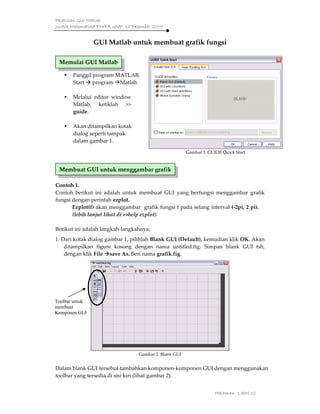 Pelatihan GUI Matlab
Jurdik Matematika FMIPA UNY, 16 Desember 2007
Halaman 1 dari 12
GUI Matlab untuk membuat grafik fungsi  
 
 
 
Panggil program MATLAB, 
Start   program  Matlab. 
 
Melalui  editor  window 
Matlab,  ketiklah  >> 
guide.  
 
Akan ditampilkan kotak 
dialog seperti tampak 
dalam gambar 1. 
 
 
 
 
 
Contoh 1.  
Contoh  berikut  ini  adalah  untuk  membuat  GUI  yang  berfungsi  menggambar  grafik 
fungsi dengan perintah ezplot.  
Ezplot(f) akan menggambar  grafik fungsi f pada selang interval (‐2pi, 2 pi). 
(lebih lanjut lihat di >>help ezplot) 
 
Berikut ini adalah langkah‐langkahnya; 
1. Dari kotak dialog gambar 1, pilihlah Blank GUI (Default), kemudian klik OK. Akan 
ditampilkan  figure  kosong  dengan  nama  untitled.fig.  Simpan  blank  GUI  tsb, 
dengan klik File  save As. Beri nama grafik.fig. 
 
Gambar 2. Blank GUI 
 
Dalam blank GUI tersebut tambahkan komponen‐komponen GUI dengan menggunakan 
toolbar yang tersedia di sisi kiri (lihat gambar 2). 
 
Toolbar untuk
membuat
Komponen GUI
Membuat GUI untuk menggambar grafik
Memulai GUI Matlab 
 
Gambar 1. GUIDE Quick Start 
 