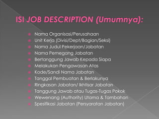 NamaOrganisasi/Perusahaan 
Unit Kerja(Divisi/Dept/Bagian/Seksi) 
NamaJudulPekerjaan/Jabatan 
NamaPemegangJabatan 
BertanggungJawabKepadaSiapa 
MelakukanPengawasanAtas 
Kode/Sandi NamaJabatan 
TanggalPembuatan& Berlakunya 
RingkasanJabatan/ IkhtisarJabatan 
TanggungJawabatauTugas-TugasPokok 
Wewenang(Authority) Utama& Tambahan 
SpesifikasiJabatan(PersyaratanJabatan)  