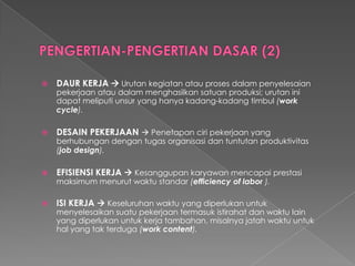 DAUR KERJAUrutankegiatanatauprosesdalampenyelesaianpekerjaanataudalammenghasilkansatuanproduksi; urutaninidapatmeliputiunsuryang hanyakadang-kadangtimbul(work cycle). 
DESAIN PEKERJAAN Penetapanciripekerjaanyang berhubungandengantugasorganisasidantuntutanproduktivitas(job design). 
EFISIENSI KERJAKesanggupankaryawanmencapaiprestasimaksimummenurutwaktustandar(efficiency of labor ). 
ISI KERJAKeseluruhanwaktuyang diperlukanuntukmenyelesaikansuatupekerjaantermasukistirahatdanwaktulain yang diperlukanuntukkerjatambahan, misalnyajatahwaktuuntukhalyang takterduga(work content).  