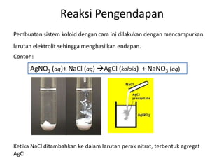 Reaksi Pengendapan
Pembuatan sistem koloid dengan cara ini dilakukan dengan mencampurkan
larutan elektrolit sehingga menghasilkan endapan.
Contoh:
Ketika NaCl ditambahkan ke dalam larutan perak nitrat, terbentuk agregat
AgCl
AgNO3 (aq)+ NaCl (aq) AgCl (koloid) + NaNO3 (aq)
 