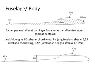 Fuselage/ Body


Badan pesawat dibuat dari kayu Balsa keras dan dibentuk seperti
                      gambar di atas ini
Jarak hidung ke LE sebesar chord wing. Panjang fuselas sebesar 5,25
   dikalikan chord wing, GAP (jarak nose dengan stabilo 1,5-2cm)
 