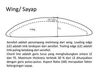 Wing/ Sayap




Aerofoil adalah penampang melintang dari wing. Leading edge
(LE) adalah titik terdepan dari aerofoil. Trailing edge (LE) adalah
titik paling belakang dari aerofoil.
Chord line adalah garis lurus yang menghubungkan antara LE
dan TE. Maximum thickness terletak 30 % dari LE ditunjukkan
dengan garis putus-putus. Aspect Ratio (AR) merupakan faktor
kelangsingan sayap.
 