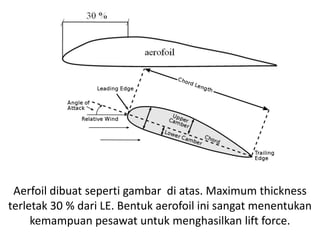 Aerfoil dibuat seperti gambar di atas. Maximum thickness
terletak 30 % dari LE. Bentuk aerofoil ini sangat menentukan
     kemampuan pesawat untuk menghasilkan lift force.
 