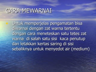 CARA MEWARNAI

• Untuk memperjelas pengamatan bisa
  diwarnai dengan zat warna tertentu
  dengan cara meneteskan satu tetes zat
  warna di salah satu sisi kaca penutup
  dan letakkan kertas saring di sisi
  sebaliknya untuk menyedot air (medium)
 