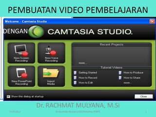PEMBUATAN VIDEO PEMBELAJARAN

DENGAN




             Dr. RACHMAT MULYANA, M.Si
 5/19/2011        Dr.Rachmat Mulyana,MSi/Pelatihan PSBTK   1
 