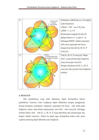 Pembuktian Teorema Lima Lingkaran – Rahma Siska Utari
13
11. Perhatikan PKM dan 4+ θ2 adalah
sudut berpelurus
PKM = 180o
– ( 4+ θ2) dan
1+ θ
Berdasarkan langkah (8) dan (9)
didapat bahwa α = α4 dan θ = θ2
Sehingga KMNP adalah segiempat
siklis atau segiempat tali busur,
dengan kata lain titik K, M, N, P
concyclic.
12. Titik K, M, N, P concyclic. Maka
titik L yang terletak pada lingkaran
yang sama juga concyclic.
Dengan demikian titik K, L, M, N
concyclic dan teorema lima lingkaran
terbukti.
4. PENUTUP
Dari pembahasan yang telah dilakukan, dapat disimpulkan bahwa
pembuktian Teorema Lima Lingkaran dapat dibuktikan dengan penggunaan
konsep pentagon, pentagram, lingkaran, segiempat tali busur, sifat sudut pada
lingkaran, aturan sudut dalam trigonometri, serta titik – titik concyclic. Sehingga
terbukti bahwa titik – titik K, L, M, N, P yang dihasilkan dari perpotongan dua
lingkar adalah concyclic. Selain itu dapat juga disimpulkan bahwa dari suatu
segilima sebarang dapat dibentuk suatu lingkaran.
 