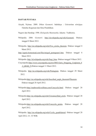 Pembuktian Teorema Lima Lingkaran – Rahma Siska Utari
14
DAFTAR PUSTAKA
Aisyah, Nyimas. 2009. Diktat Geometri. Indralaya : Universitas sriwijaya
Fakultas Keguruan dan Ilmu Pendidikan.
Negoro dan Harahap. 1998. Ekslopedia Matematika. Jakarta : Yudhistira.
Wikipedia. 2008. Geometri. http://id.wikipedia.org/wiki/Geometri. Diakses
tanggal 8 Maret 2012.
Wikipedia. http://en.wikipedia.org/wiki/Five_circles_theorem. Diakses tanggal 8
Maret 2012.
http://agutie.homestead.com/files/miquel_pentagram1.htm. Diakses tanggal 8
Maret 2012.
Wikipedia. http://id.wikipedia.org/wiki/Segi_lima. Diakses tanggal 9 Maret 2012.
Crayonpedia.http://www.crayonpedia.org/mw/BSE:Garis_Singgung_Lingkaran_8
.2_(BAB_7) Diakses tanggal 11 Maret 2012.
Wikipedia. http://en.wikipedia.org/wiki/Pentagram. Diakses tanggal 29 Maret
2012.
Wikipedia.http://en.wikipedia.org/wiki/Inscribed_angle_theorem#Theorem.
Diakses tanggal 28 April 2012.
Wikipedia.http://mathworld.wolfram.com/Concyclic.html. Diakses tanggal 28
April 2012.
Wikipedia.http://en.wikipedia.org/wiki/Circumscribed_circle. Diakses tanggal 28
April 2012.
Wikipedia.http://en.wikipedia.org/wiki/Concyclic_points. Diakses tanggal 28
April 2012.
Wikipedia. http://en.wikipedia.org/wiki/Cyclic_quadrilateral. Diakses tanggal 28
April 2012, 14 : 53 WIB.
 