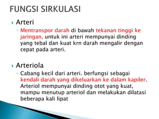  Arteri
◦ Mentranspor darah di bawah tekanan tinggi ke
jaringan, untuk ini arteri mempunyai dinding
yang tebal dan kuat krn darah mengalir dengan
cepat pada arteri.
 Arteriola
◦ Cabang kecil dari arteri. berfungsi sebagai
kendali darah yang dikeluarkan ke dalam kapiler.
Arteriol mempunyai dinding otot yang kuat,
mampu menutup arteriol dan melakukan dilatasi
beberapa kali lipat
 