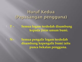    T-   Semua logam terdedah disambung
             kepada jisim umum bumi.

   N-   Semua pengalir logam terdedah
         disambung kepengalir bumi iaitu
              punca bekalan pengguna.
 
