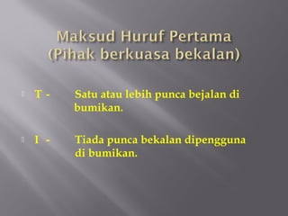    T-    Satu atau lebih punca bejalan di
          bumikan.

   I -   Tiada punca bekalan dipengguna
          di bumikan.
 