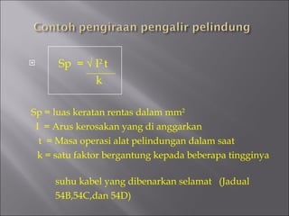 Sp  =    I 2  t k Sp = luas keratan rentas dalam mm 2 I  = Arus kerosakan yang di anggarkan t  = Masa operasi alat pelindungan dalam saat k = satu faktor bergantung kepada beberapa tingginya  suhu kabel yang dibenarkan selamat  (Jadual  54B,54C,dan 54D) 