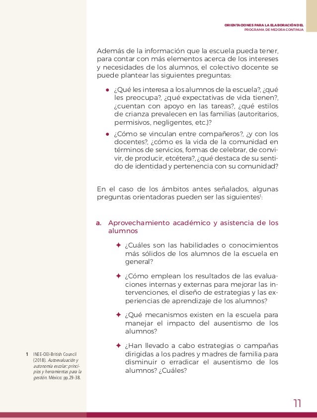 ORIENTACIONES PARA ELABORAR EL PROGRAMA ESCOLAR DE MEJORA