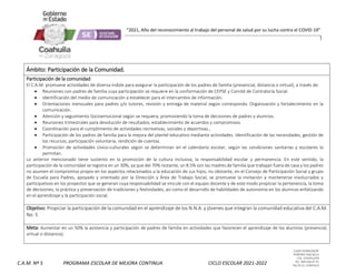 CLAVE 05DML0029F
PORFIRIO DIAZ #215
COL. GUAYULERA
TEL. 844 436 07 41
SALTILLO, COAHUILA
C.A.M. Nº 5 PROGRAMA ESCOLAR DE MEJORA CONTINUA CICLO ESCOLAR 2021-2022
“2021, Año del reconocimiento al trabajo del personal de salud por su lucha contra el COVID-19”
Ámbito: Participación de la Comunidad.
Participación de la comunidad
El C.A.M. promueve actividades de diversa índole para asegurar la participación de los padres de familia (presencial, distancia o virtual), a través de:
 Reuniones con padres de familia cuya participación se requiere en la conformación de CEPSE y Comité de Contraloría Social.
 Identificación del medio de comunicación a establecer para el intercambio de información.
 Orientaciones mensuales para padres y/o tutores, revisión y entrega de material según corresponda. Organización y fortalecimiento en la
comunicación.
 Atención y seguimiento Socioemocional según se requiera; promoviendo la toma de decisiones de padres y alumnos.
 Reuniones trimestrales para devolución de resultados; establecimiento de acuerdos y compromisos.
 Coordinación para el cumplimiento de actividades recreativas, sociales y deportivas.,
 Participación de los padres de familia para la mejora del plantel educativo mediante actividades. Identificación de las necesidades, gestión de
los recursos, participación voluntaria, rendición de cuentas.
 Promoción de actividades cívico-culturales según se determinan en el calendario escolar, según las condiciones sanitarias y escolares lo
permitan.
Lo anterior mencionado tiene sustento en la promoción de la cultura inclusiva, la responsabilidad escolar y permanencia. En este sentido, la
participación de la comunidad se registra en un 30%, ya que del 70% restante, un 8.5% son las madres de familia que trabajan fuera de casa y los padres
no asumen el compromiso propio en los aspectos relacionados a la educación de sus hijos; no obstante, en el Consejo de Participación Social y grupo
de Escuela para Padres, apoyado y orientado por la Dirección y Área de Trabajo Social, se promueve la invitación a mantenerse involucrados y
participativos en los proyectos que se generan cuya responsabilidad se vincule con el equipo docente y de este modo propiciar la pertenencia, la toma
de decisiones, la práctica y preservación de tradiciones y festividades, así como el desarrollo de habilidades de autonomía en los alumnos enfatizando
en el aprendizaje y la participación social.
Objetivo: Propiciar la participación de la comunidad en el aprendizaje de los N.N.A. y jóvenes que integran la comunidad educativa del C.A.M.
No. 5
Meta: Aumentar en un 50% la asistencia y participación de padres de familia en actividades que favorecen el aprendizaje de los alumnos (presencial,
virtual o distancia).
 