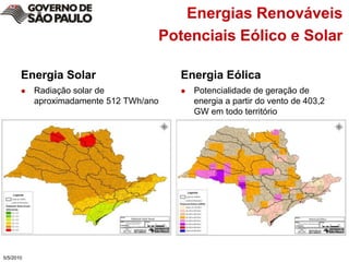 Energia SolarRadiação solar de aproximadamente 512 TWh/anoEnergia EólicaPotencialidade de geração de energia a partir do vento de 403,2 GW em todo território5/4/2010Energias RenováveisPotenciais Eólico e Solar