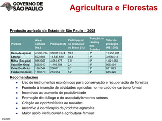 Agricultura e FlorestasProdução agrícola do Estado de São Paulo – 2008RecomendaçõesUso de instrumentos econômicos para conservação e recuperação de florestas Fomento à inserção de atividades agrícolas no mercado de carbono formalIncentivosaoaumento de produtividadePromoção do diálogo e do associativismo nos setoresCriação de oportunidades de trabalhoIncentivo à certificação de produtos agrícolasMaior apoio institucional à agricultura familiar5/4/2010