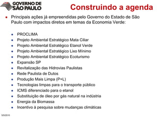 Construindo a agendaPrincipais ações já empreendidas pelo Governo do Estado de São Paulo com impactos diretos em temas da Economia Verde:PROCLIMAProjeto Ambiental Estratégico Mata CiliarProjeto Ambiental Estratégico Etanol VerdeProjeto Ambiental Estratégico Lixo MínimoProjeto Ambiental Estratégico EcoturismoExpansão SPRevitalização das Hidrovias PaulistasRede Paulista de Dutos Produção Mais Limpa (P+L)Tecnologias limpas para o transporte públicoICMS diferenciado para o etanolSubstituição de óleo por gás natural na indústriaEnergia da BiomassaIncentivo à pesquisa sobre mudanças climáticas5/4/2010