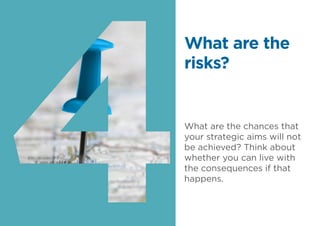 What are the chances that
your strategic aims will not
be achieved? Think about
whether you can live with
the consequences if that
happens.
What are the
risks?
 
