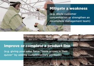 Mitigate a weakness
(e.g. dilute customer
concentration or strengthen an
incomplete management team)
Improve or complete a product line
(e.g. giving your sales force “more arrows in their
quiver” by adding complementary products)
 