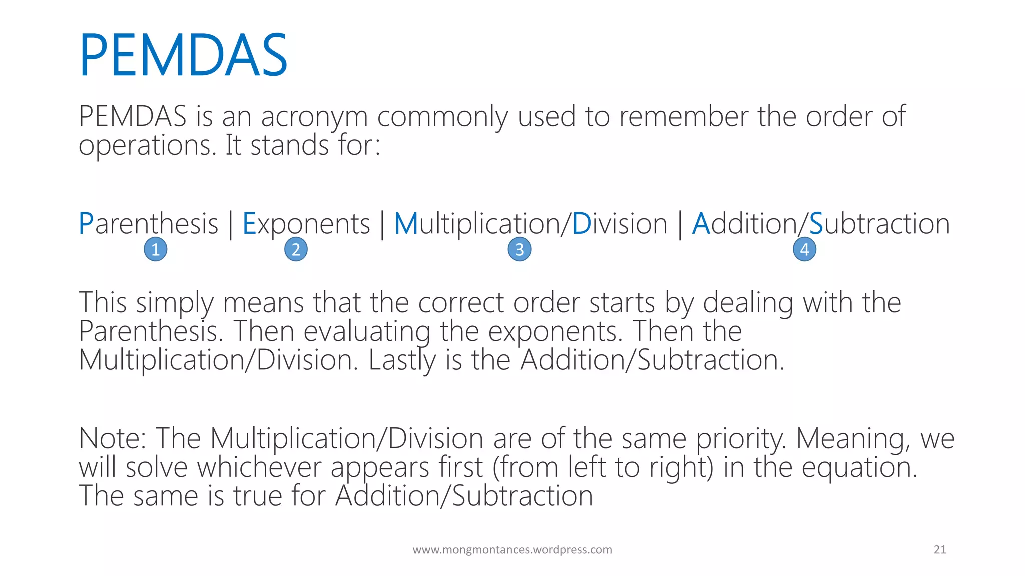 Pemdas the proper order of mathematical operations ppt