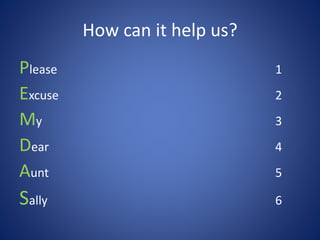 How can it help us?
Please 1
Excuse 2
My 3
Dear 4
Aunt 5
Sally 6
 