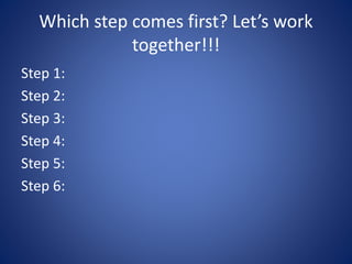 Which step comes first? Let’s work
together!!!
Step 1:
Step 2:
Step 3:
Step 4:
Step 5:
Step 6:
 