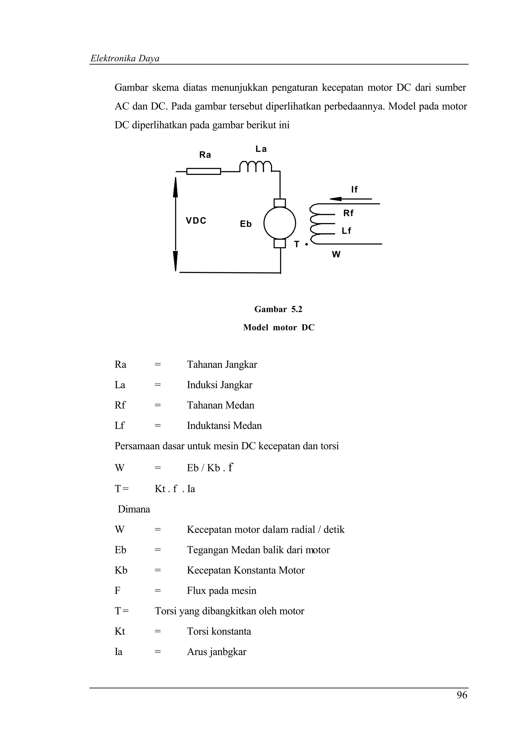 Elektronika Daya


     Gambar skema diatas menunjukkan pengaturan kecepatan motor DC dari sumber
     AC dan DC. Pada gambar tersebut diperlihatkan perbedaannya. Model pada motor
     DC diperlihatkan pada gambar berikut ini

                                          La
                             Ra


                                                                  If

                                                             Rf
                       VDC           Eb
                                                             Lf
                                                  T
                                                         W




                                          Gambar 5.2
                                     Model motor DC



     Ra        =       Tahanan Jangkar
     La        =       Induksi Jangkar
     Rf        =       Tahanan Medan
     Lf        =       Induktansi Medan
     Persamaan dasar untuk mesin DC kecepatan dan torsi

     W         =       Eb / Kb . f
     T=        Kt . f . Ia
      Dimana
     W         =       Kecepatan motor dalam radial / detik
     Eb        =       Tegangan Medan balik dari motor
     Kb        =       Kecepatan Konstanta Motor
     F         =       Flux pada mesin
     T=        Torsi yang dibangkitkan oleh motor
     Kt        =       Torsi konstanta
     Ia        =       Arus janbgkar



                                                                              96
 