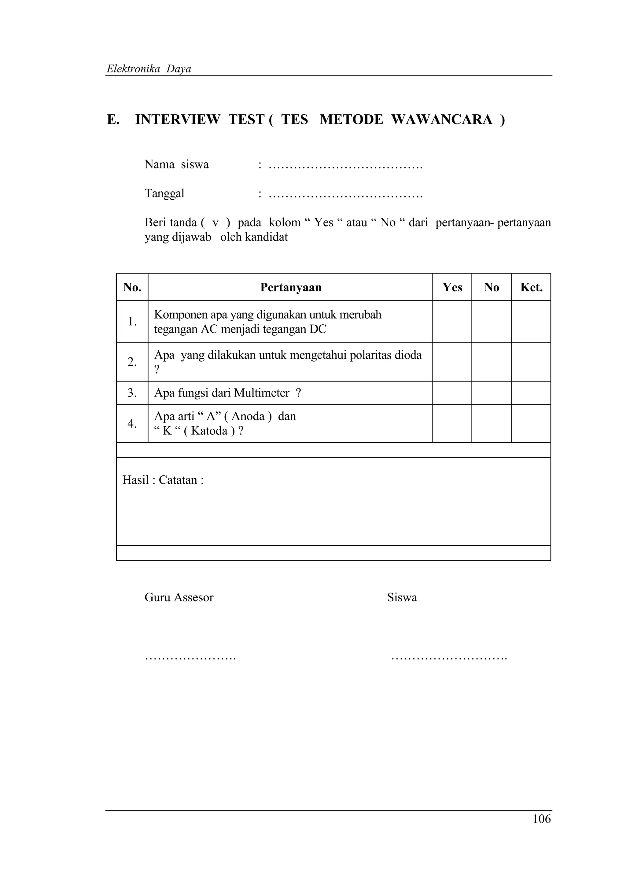 Elektronika Daya



E.     INTERVIEW TEST ( TES METODE WAWANCARA )


           Nama siswa          : ……………………………….

           Tanggal             : ……………………………….

           Beri tanda ( v ) pada kolom “ Yes “ atau “ No “ dari pertanyaan- pertanyaan
           yang dijawab oleh kandidat


     No.                        Pertanyaan                        Yes    No     Ket.

            Komponen apa yang digunakan untuk merubah
      1.
            tegangan AC menjadi tegangan DC

            Apa yang dilakukan untuk mengetahui polaritas dioda
      2.
            ?
      3.    Apa fungsi dari Multimeter ?
            Apa arti “ A” ( Anoda ) dan
      4.
            “ K “ ( Katoda ) ?


     Hasil : Catatan :




           Guru Assesor                                 Siswa



           ………………….                                      ……………………….




                                                                                  106
 