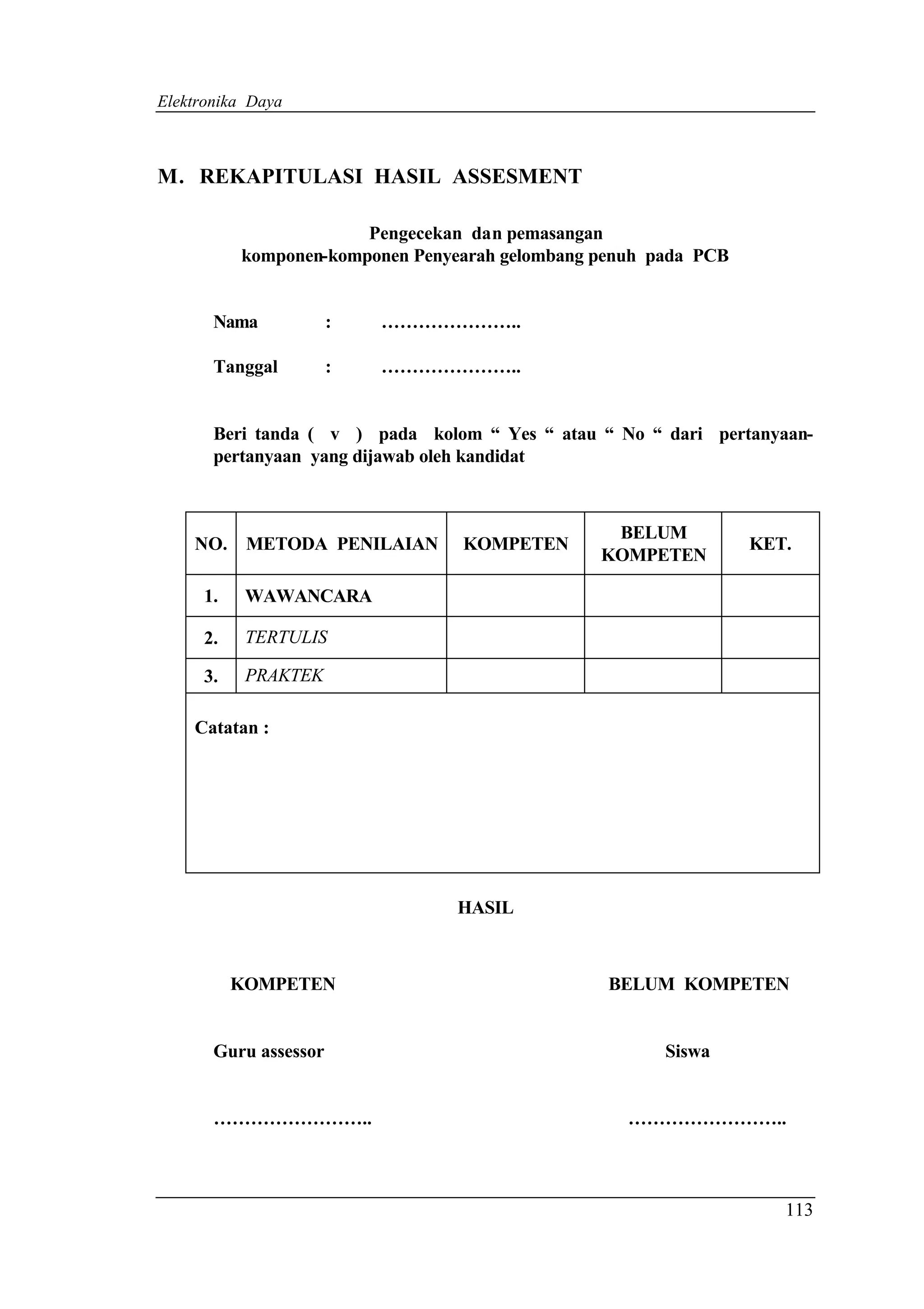 Elektronika Daya



M. REKAPITULASI HASIL ASSESMENT

                       Pengecekan dan pemasangan
          komponen-komponen Penyearah gelombang penuh pada PCB


       Nama            :   …………………..

       Tanggal         :   …………………..


       Beri tanda ( v ) pada kolom “ Yes “ atau “ No “ dari pertanyaan-
       pertanyaan yang dijawab oleh kandidat



                                                 BELUM
    NO.    METODA PENILAIAN      KOMPETEN                        KET.
                                                KOMPETEN

     1.    WAWANCARA

     2.    TERTULIS

     3.    PRAKTEK

    Catatan :




                                 HASIL



          KOMPETEN                               BELUM KOMPETEN


       Guru assessor                                   Siswa


       ……………………..                                  ……………………..



                                                                    113
 