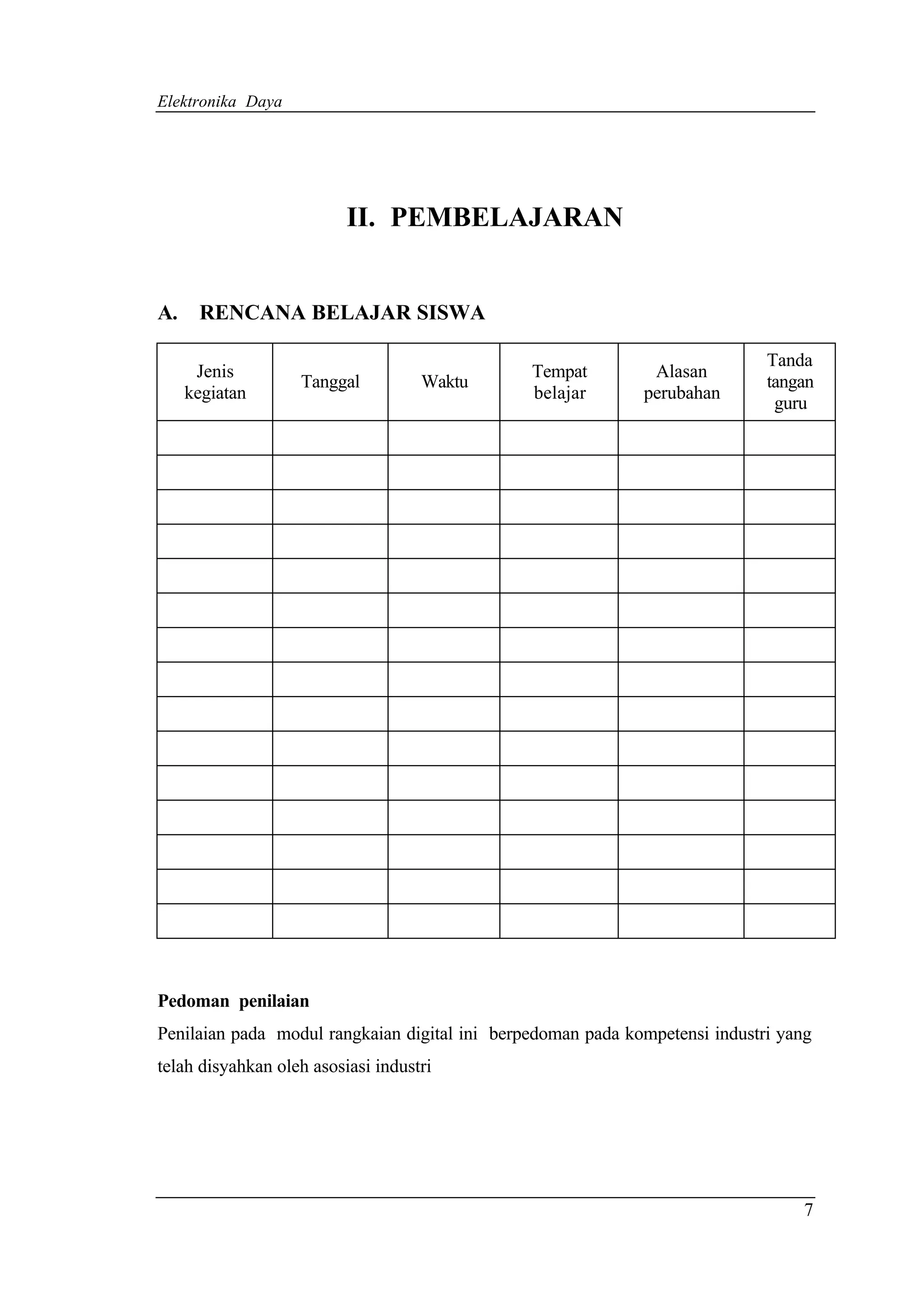 Elektronika Daya




                          II. PEMBELAJARAN


A.    RENCANA BELAJAR SISWA

                                                                             Tanda
      Jenis                                    Tempat         Alasan
                   Tanggal          Waktu                                    tangan
     kegiatan                                  belajar       perubahan
                                                                              guru




Pedoman penilaian
Penilaian pada modul rangkaian digital ini berpedoman pada kompetensi industri yang
telah disyahkan oleh asosiasi industri




                                                                                  7
 