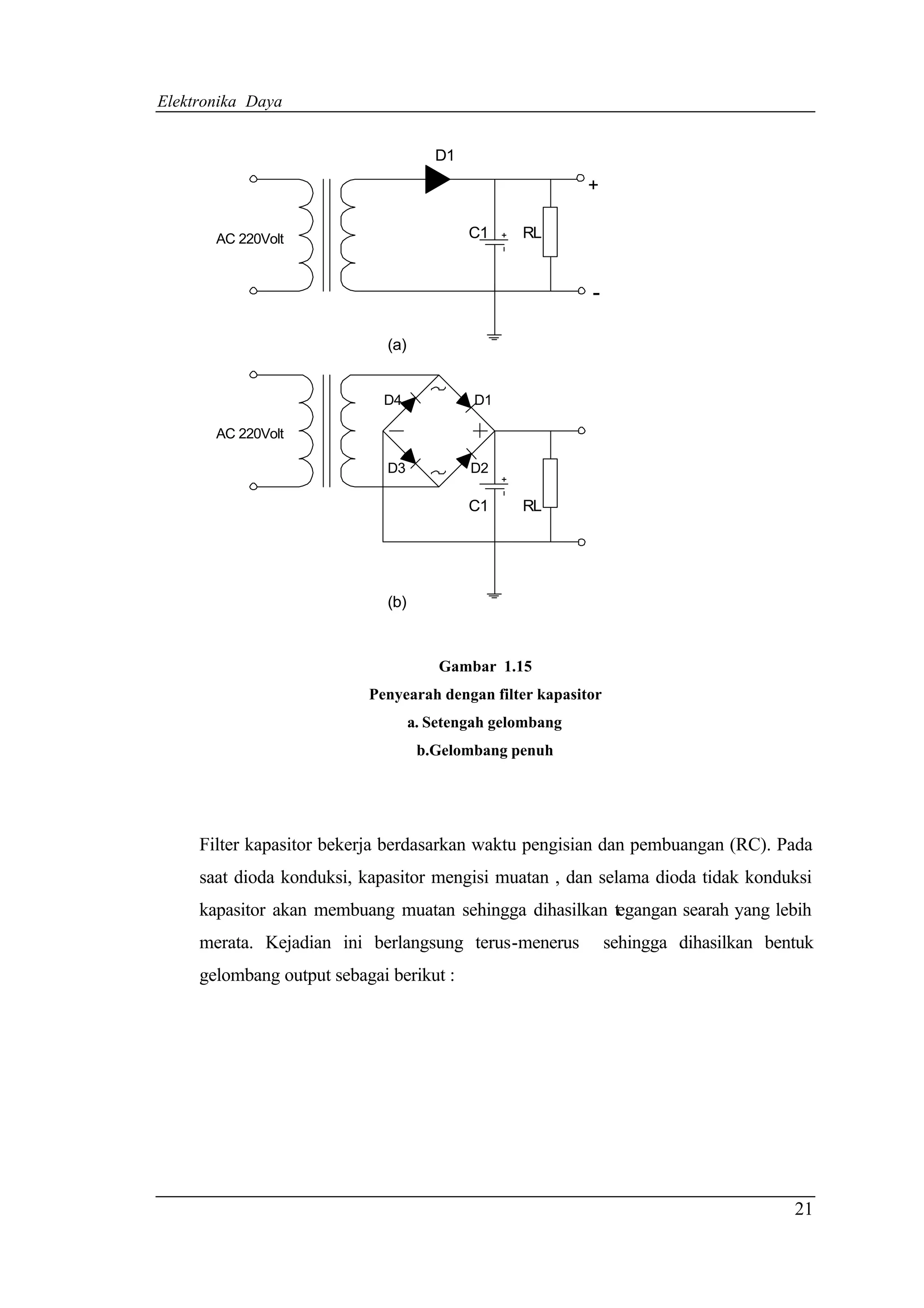Elektronika Daya


                                       D1
                                                            +

       AC 220Volt                           C1     RL


                                                            -

                              (a)


                             D4              D1

       AC 220Volt

                              D3            D2

                                            C1     RL




                              (b)



                                        Gambar 1.15
                           Penyearah dengan filter kapasitor
                                    a. Setengah gelombang
                                     b.Gelombang penuh




     Filter kapasitor bekerja berdasarkan waktu pengisian dan pembuangan (RC). Pada
     saat dioda konduksi, kapasitor mengisi muatan , dan selama dioda tidak konduksi
     kapasitor akan membuang muatan sehingga dihasilkan tegangan searah yang lebih
     merata. Kejadian ini berlangsung terus-menerus             sehingga dihasilkan bentuk
     gelombang output sebagai berikut :




                                                                                       21
 