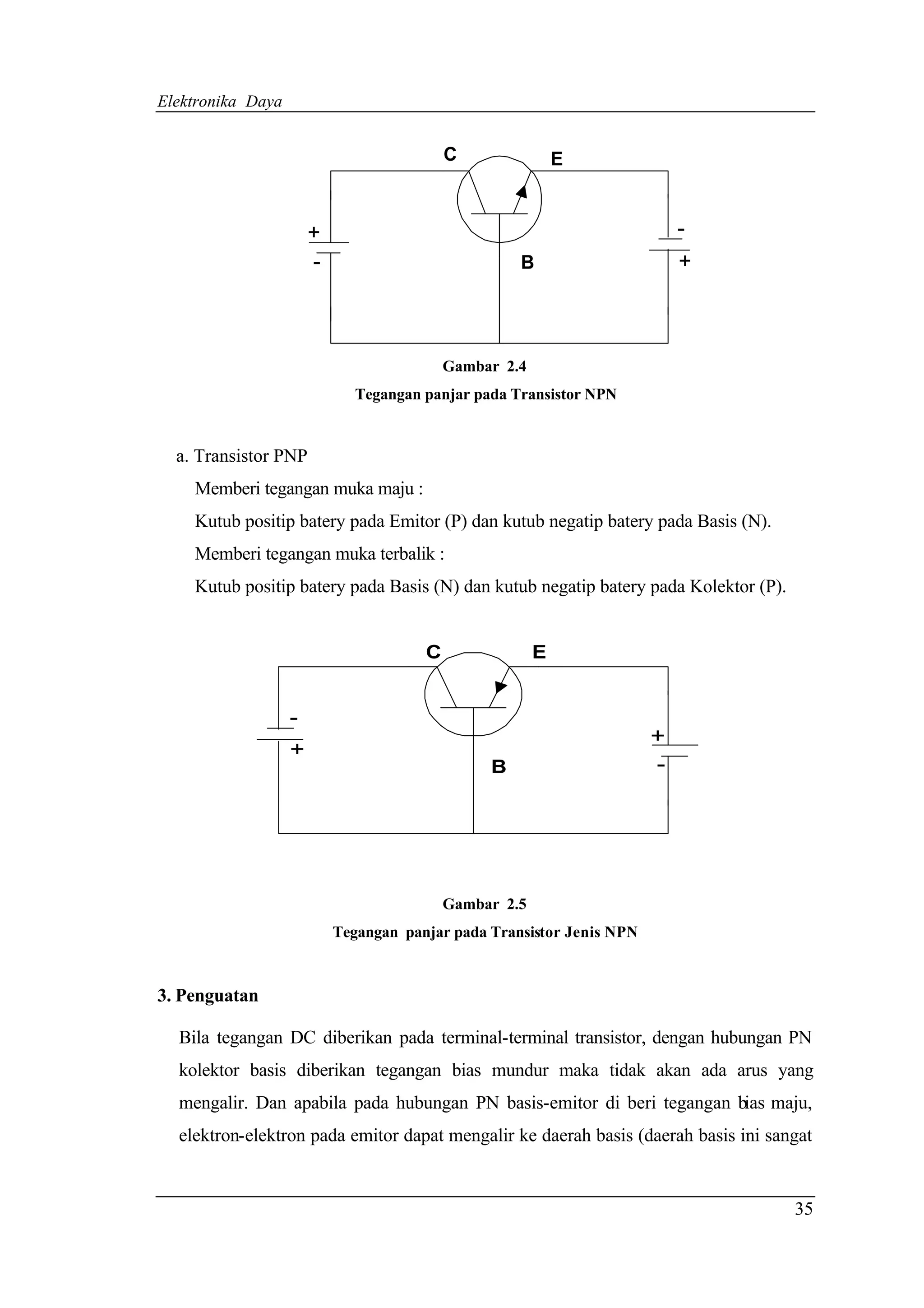 Elektronika Daya


                                           C                E


                                                                            -
                       +
                                                                           +
                       -                            B




                                           Gambar 2.4
                              Tegangan panjar pada Transistor NPN


  a. Transistor PNP
    Memberi tegangan muka maju :
    Kutub positip batery pada Emitor (P) dan kutub negatip batery pada Basis (N).
    Memberi tegangan muka terbalik :
    Kutub positip batery pada Basis (N) dan kutub negatip batery pada Kolektor (P).


                                       C                E

                   -
                   +                                                   +
                                                B                      -




                                           Gambar 2.5
                           Tegangan panjar pada Transistor Jenis NPN



3. Penguatan

  Bila tegangan DC diberikan pada terminal-terminal transistor, dengan hubungan PN
  kolektor basis diberikan tegangan bias mundur maka tidak akan ada arus yang
  mengalir. Dan apabila pada hubungan PN basis-emitor di beri tegangan bias maju,
  elektron-elektron pada emitor dapat mengalir ke daerah basis (daerah basis ini sangat


                                                                                      35
 