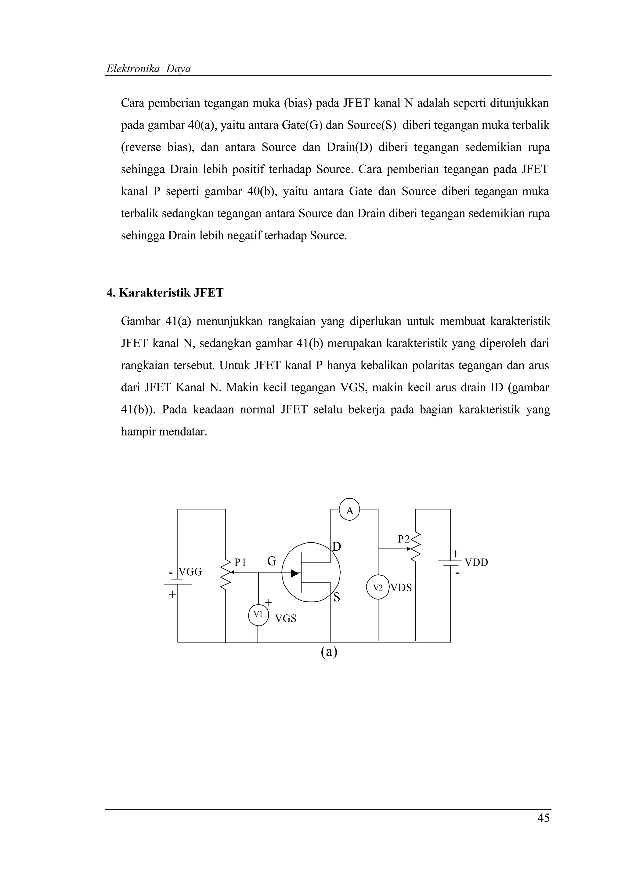 Elektronika Daya


  Cara pemberian tegangan muka (bias) pada JFET kanal N adalah seperti ditunjukkan
  pada gambar 40(a), yaitu antara Gate(G) dan Source(S) diberi tegangan muka terbalik
  (reverse bias), dan antara Source dan Drain(D) diberi tegangan sedemikian rupa
  sehingga Drain lebih positif terhadap Source. Cara pemberian tegangan pada JFET
  kanal P seperti gambar 40(b), yaitu antara Gate dan Source diberi tegangan muka
  terbalik sedangkan tegangan antara Source dan Drain diberi tegangan sedemikian rupa
  sehingga Drain lebih negatif terhadap Source.



4. Karakteristik JFET

  Gambar 41(a) menunjukkan rangkaian yang diperlukan untuk membuat karakteristik
  JFET kanal N, sedangkan gambar 41(b) merupakan karakteristik yang diperoleh dari
  rangkaian tersebut. Untuk JFET kanal P hanya kebalikan polaritas tegangan dan arus
  dari JFET Kanal N. Makin kecil tegangan VGS, makin kecil arus drain ID (gambar
  41(b)). Pada keadaan normal JFET selalu bekerja pada bagian karakteristik yang
  hampir mendatar.




                                                  A

                                                            P2
                                              D
                                                                  +
                        P1        G                                   VDD
           -   VGG                                                -
                                                      V2   VDS
           +                                  S
                                  +
                             V1
                                      VGS


                                            (a)




                                                                                  45
 